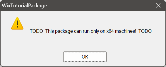 Windows Installer message box showing launch condition failure message